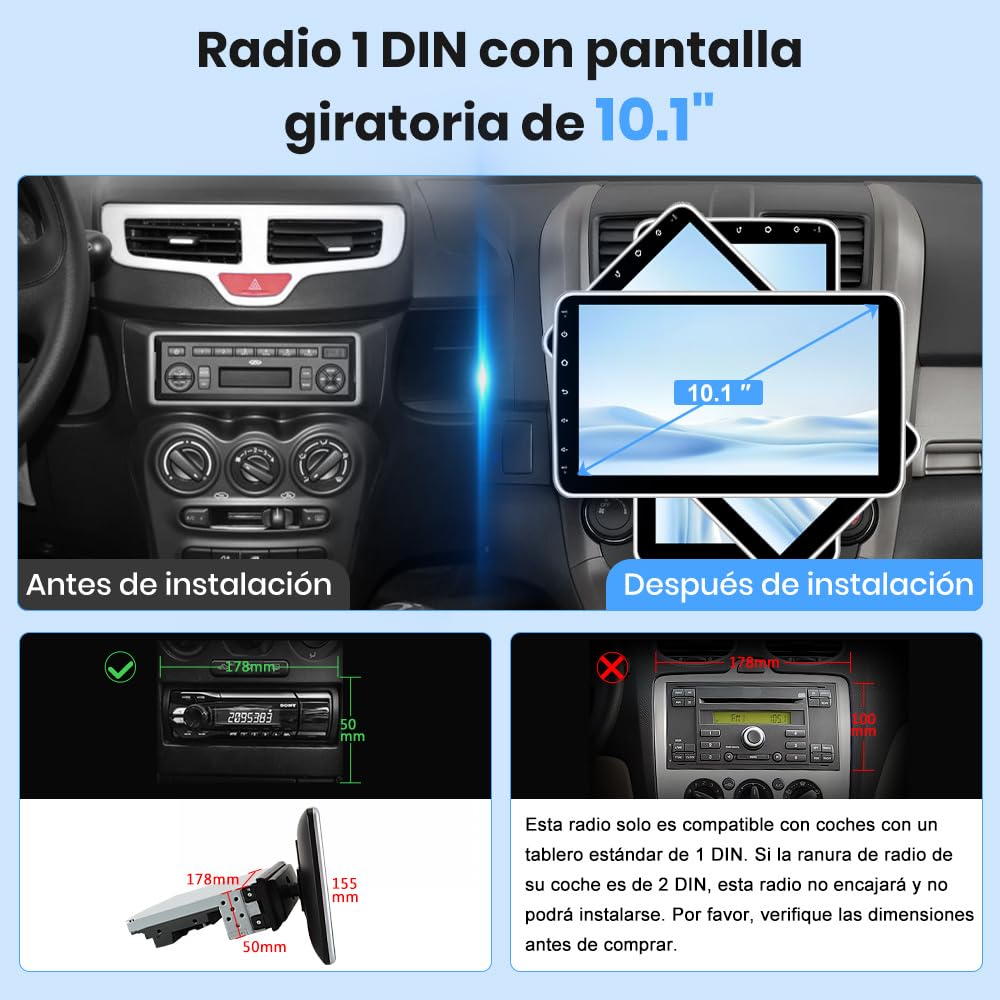 Junsun Radio Coche 1 DIN Android 15 con Pantalla Táctil IPS de 10,1", CarPlay y Android Auto Inalámbrico, Autoradio Giratoria y Desmontable con WiFi, Bluetooth, Mirror Link y FM
