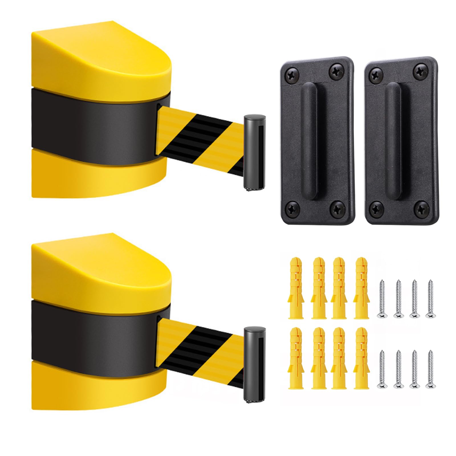 Lot de 2 bandes de barrière extensibles de 5 m - Jaune et noir - Avec boîtier mural en plastique ABS - Fixation murale - Arrêt de sécurité extensible pour queues d'attente