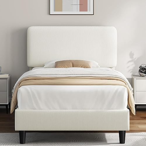 Yaheetech Twin Bed Frames with Adjustable Headboard, Chenille Fabric Upholstered Headboard/Platform Bed, Twin Size Bed Frame No Box Spring Needed/Mattress Foundation/Wood Slats Support/Easy Assembly