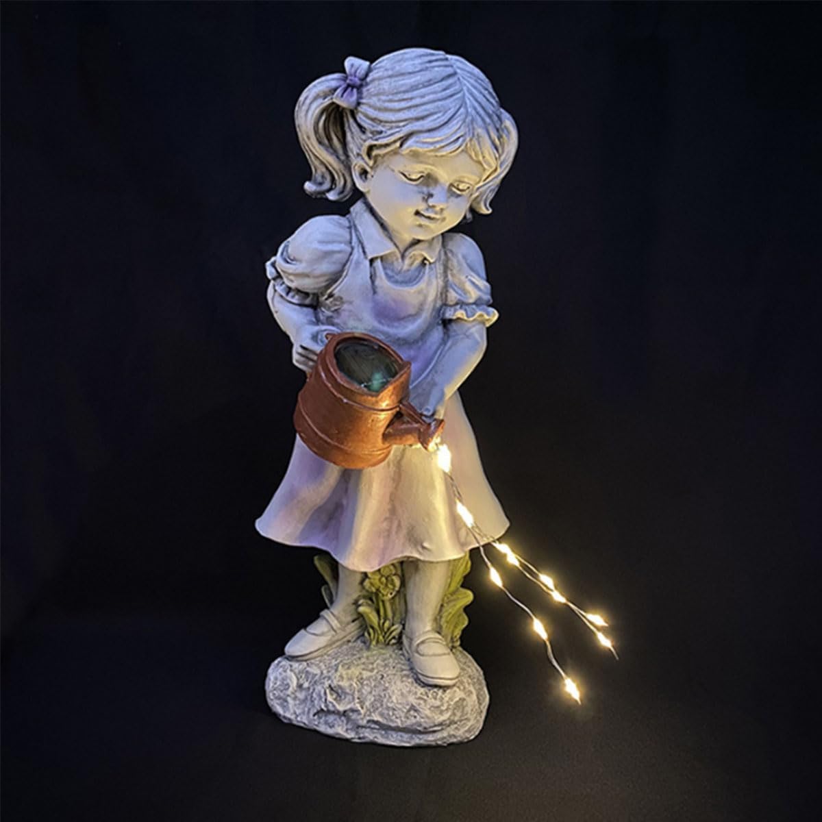 Beautiful Girl Watering The Garden Statue with Solar Fairy Light,Cute Garden and Balcony Statue Decoration for Garden Lovers