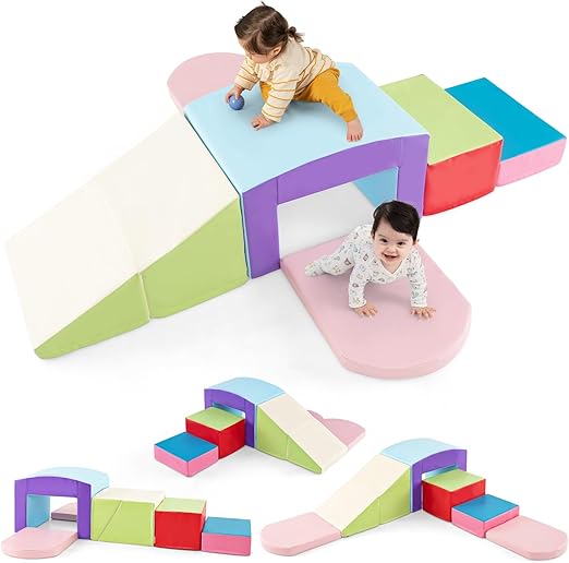 Olakids Climbing Toys for Toddlers, 7 Piece Indoor Baby Foam Blocks Soft Play Set with PU Leather, Kids Climb and Crawl Sliding Activity Structure Gym Playground Climber