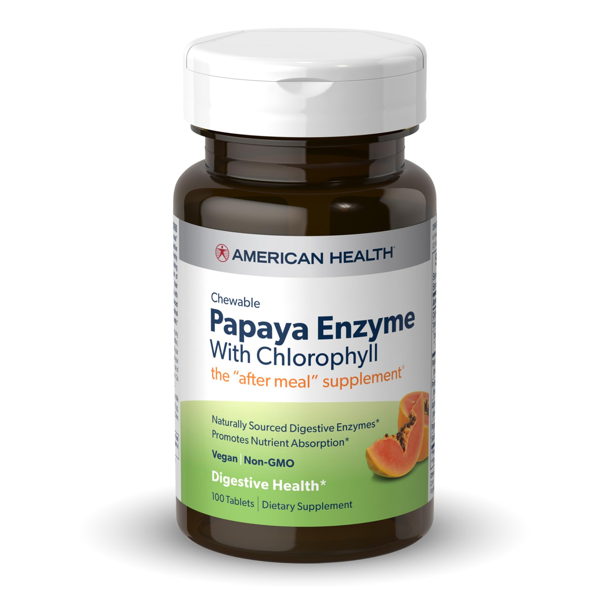 American Health Papaya Enzyme with Chlorophyll - 100 Chewable Tablets - Promotes Nutrient Absorption - Non-GMO, Vegan, Gluten Free - 33 Servings