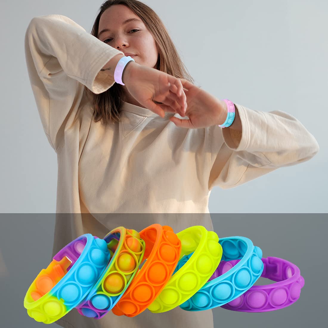 Lot De 32 Jouets Anti-stress Pop It – 16 Bracelets + 16 Porte-clés En Silicone, Gadgets Sensoriels Pour Enfants Et Adultes - 7