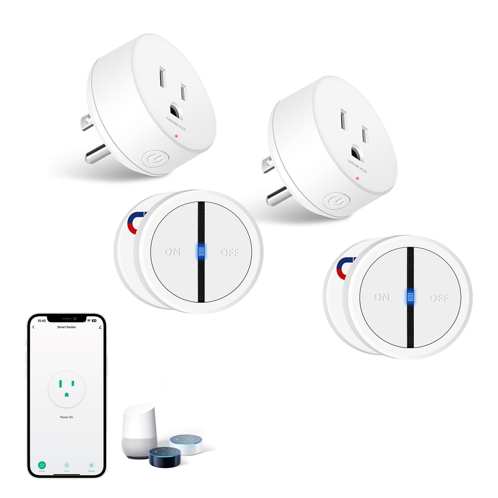 WiFi Smart Outlet Plug with Remote 2Sets GreenCycle 1PK Portable Remote Control Outlet Plug with Magnetic Base Remote