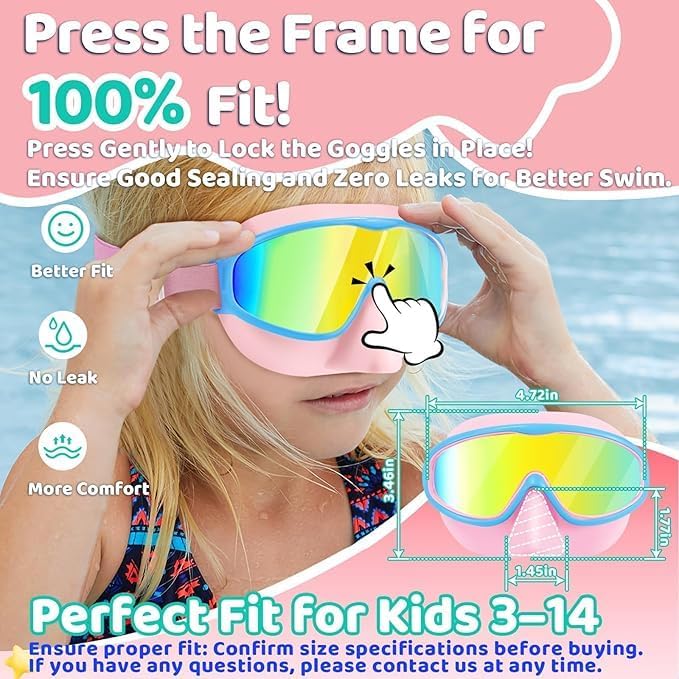 Miniatura 3 de Vvinca Kids Swim Goggles with Nose Cover Comfort Fabric Strap, Wide View Diving Mask Anti-Fog/UV Swimming Goggles for 3-14 09-negro azul y rosa azul