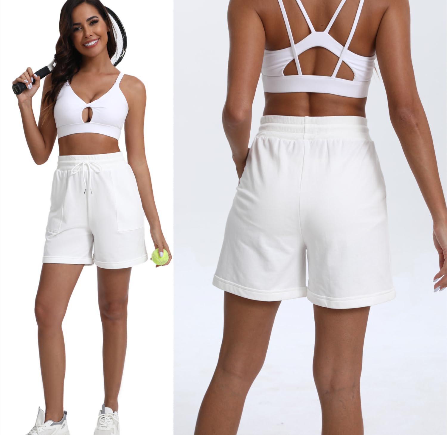 Shorts de Sport Femme 100% Cotton Pantalon Court Été Taille Haute Respirant Short avec Cordon Élastique et Poches pour Yoga Fitness Gym Jogging