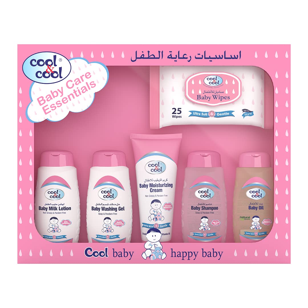 Cool & Cool Baby Care Essential Kit 100 ML – 6-in-1 Baby Essentials Set, 100ml Baby Lotion, Baby Washing Gel, Moisturizing Cream, Shampoo, Baby Oil, Baby Wipes – Paraben-Free,Gentle for Sensitive Skin