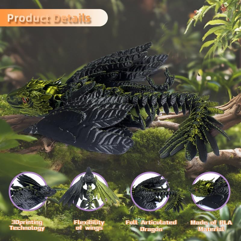 Feathered Wyvern Dragon - 3D Printed Articulated Dragon With Wings, Fidget Toy, Desktop Pet - Indulge in The Enchanting Realm of Dragons (Black Gold) - Image 4