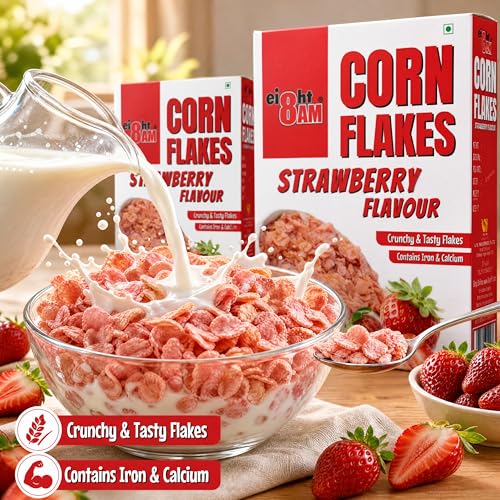 Image of 8AM Corn Flakes Strawberry 300 Gram, Golden Corns & Strawberry, No Cholesterol, Trans Fat, Artificial Additives, Iron & Calcium, Crunchy & Nutritious Breakfast Cereal
