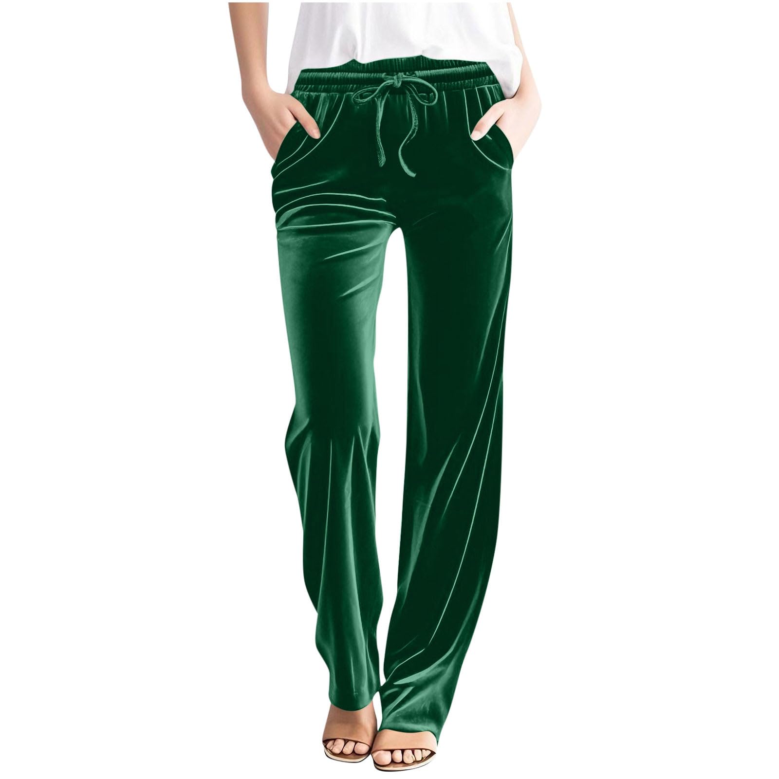 Womens Velvet Pants Drawstring Waist Wide Leg Casual Lounge Pant Soft Straight-Leg High Waist Velour Sweatpants with Pockets