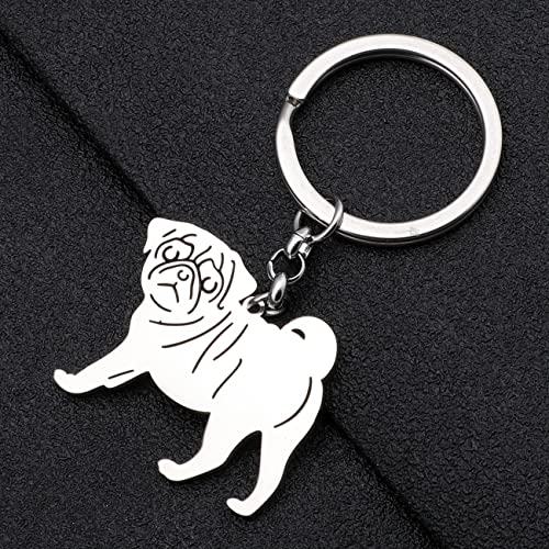 NEWEI Edelstahl Hund Schlüsselanhänger Cute Pet Hund Schlüsselanhänger für Frauen Mädchen Geldbörse Autoschlüssel Charms (Versilberter Mops)