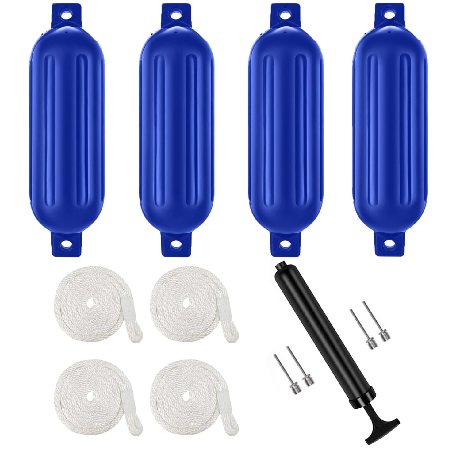 NEWFUN Set de 4 Pare Battage pour Bateau,PVC 50x14cm Garde-Boue De Bateau, Lignes d'ailes Incluses, Garde-Boue Nervuré Gonflable avec Trous Centraux,Convient aux Bateaux de 3 à 6 Mètres