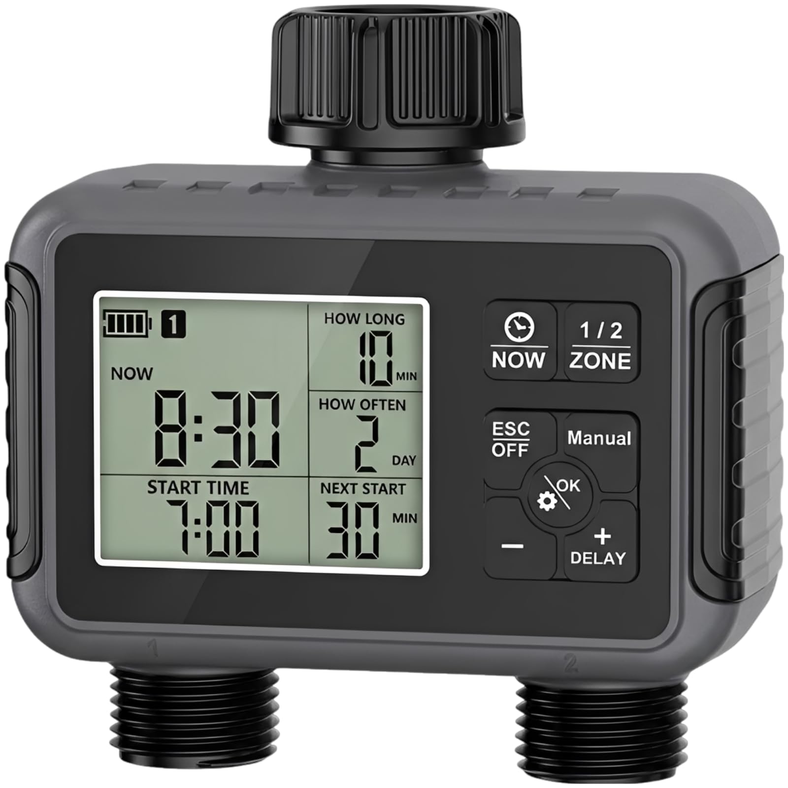 Timer intelligente per irrigazione a doppia uscita, con display LCD, durata da 1 a 360 minuti, timer per tubo dell'acqua ABS, 2 uscite con ritardo della pioggia, avvio e arresto automatici