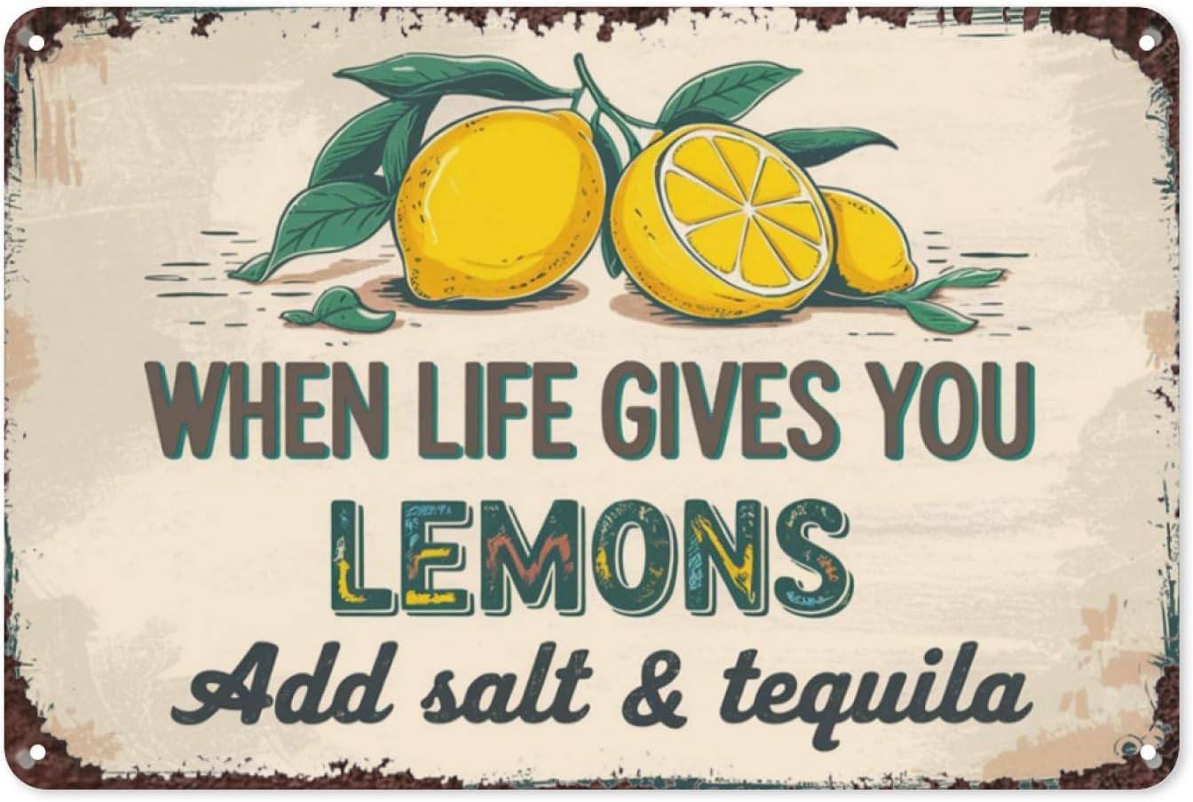 SMAZDFXX When Life Gives You Lemons Add Salt Retro Tin Sign, Vintage Metal Wall Decor for Kitchen, Dining Room, or Farmhouse Aesthetic, Funny and Motivational Wall Art 5.5"x8"