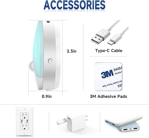 Miniatura 7 de Luz nocturna LED con sensor de movimiento, luz LED recargable con sensor de atardecer a amanecer, brillo ajustable para dormitorio, armario, pared,