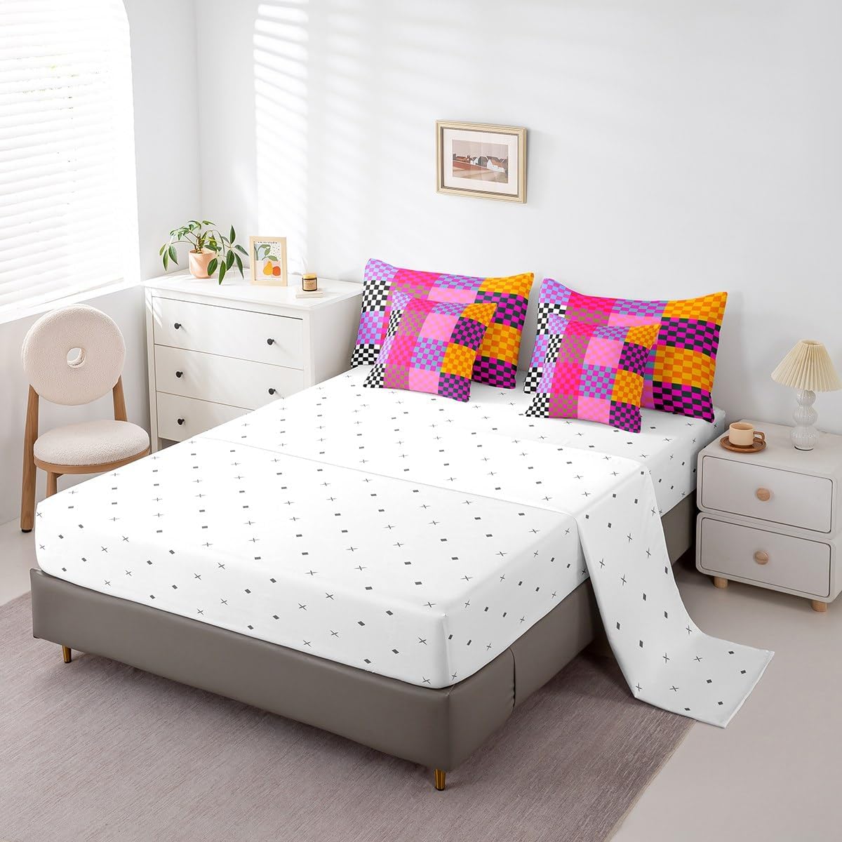 jejeloiu Colorful Plaid Bedding Set 7Pcs Full Size Kids Checkered Comforter Set with Sheets for Boys Girls Classic Grid Buffalo Check Bed in a Bag Soft Lightweight,Microfiber