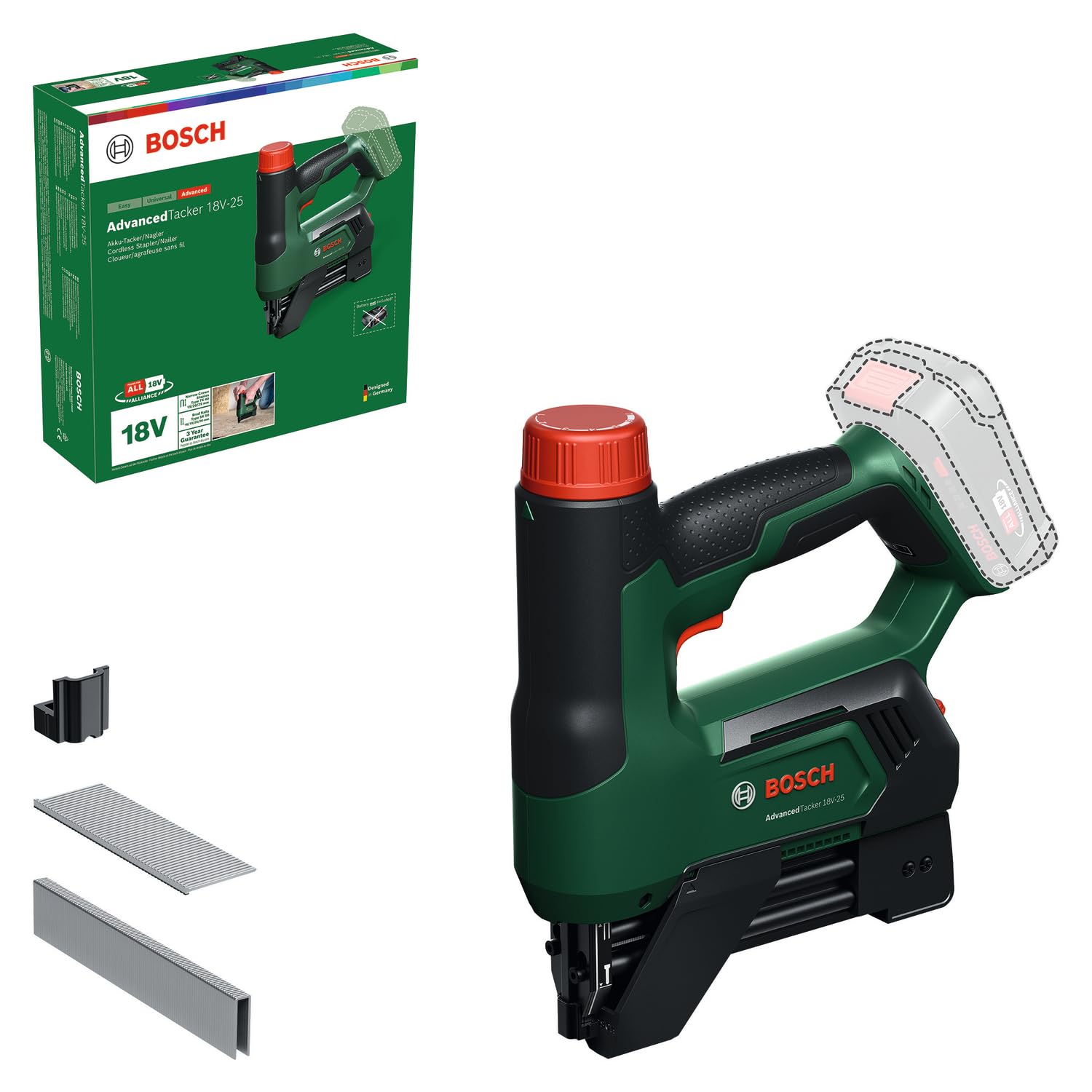 Bosch 18V System Graffatrice/​Chiodatrice a batteria AdvancedTacker 18V-​25 (Potente graffatura e chiodatura 2 in 1; incl. graffe, chiodi, accessorio distanziatore, cappuccio portafili)