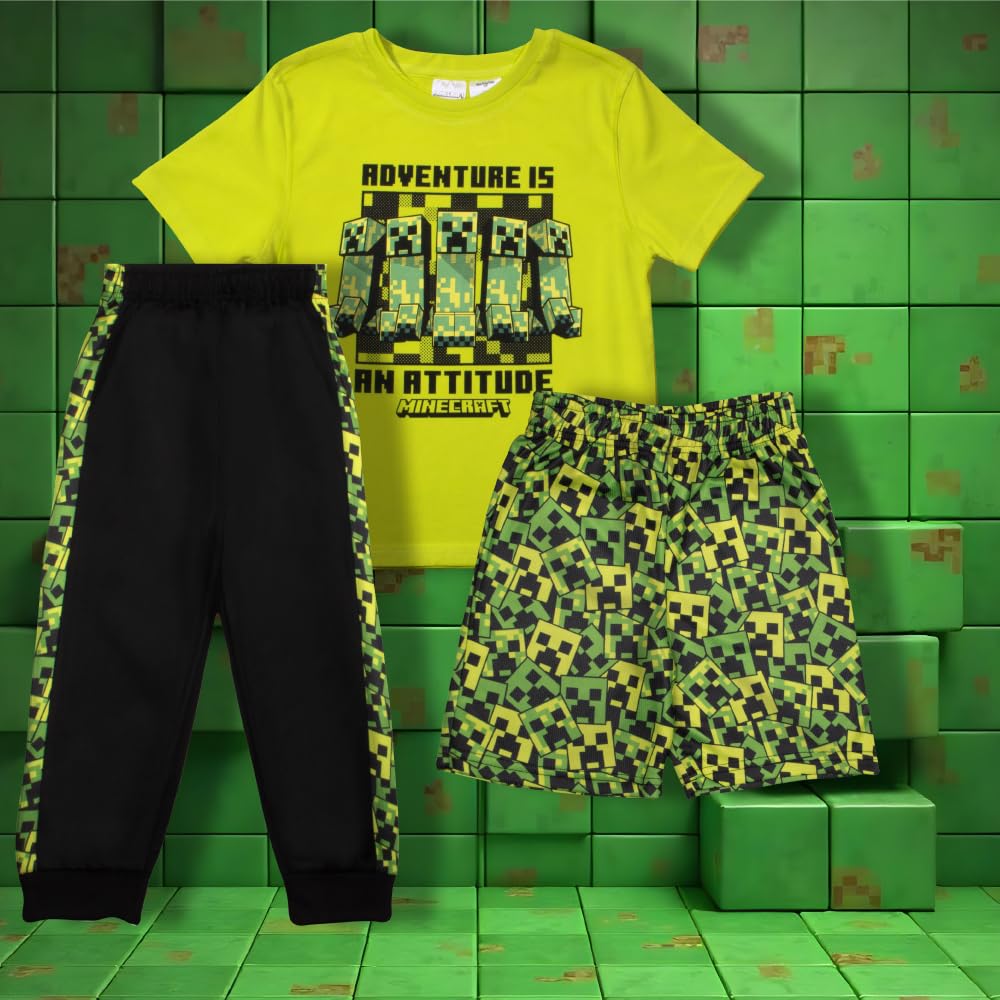 Minecraft Set di 3 pantaloni Creeper per ragazzi, maglietta a maniche corte, pantaloncini e pantaloni da jogging, confezione da 3