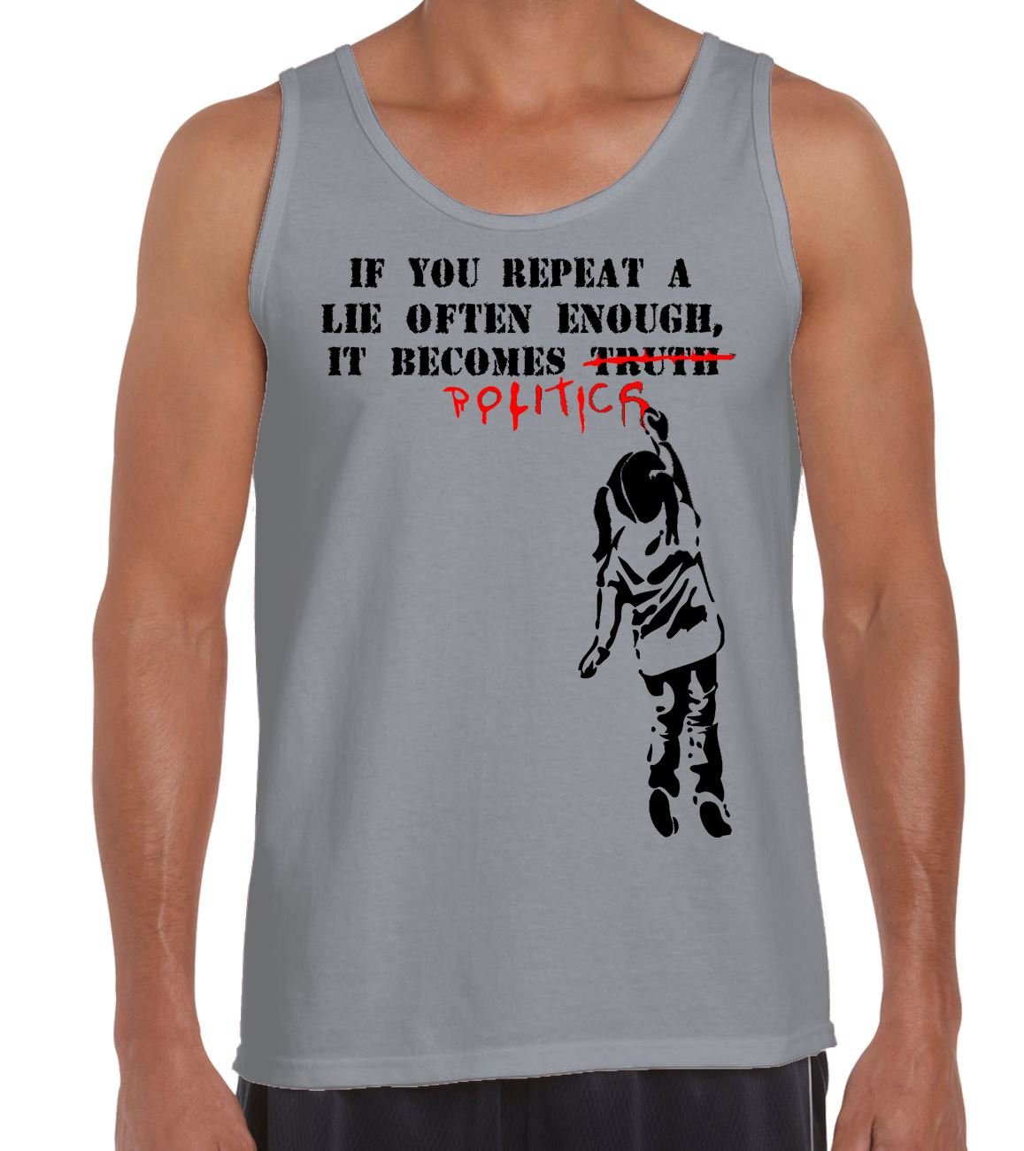 Tribal T-Shirts Mens Banksy if You Repeat a Lie Often Enough It Becomes Politics Vest Top (2XL, Light Grey)