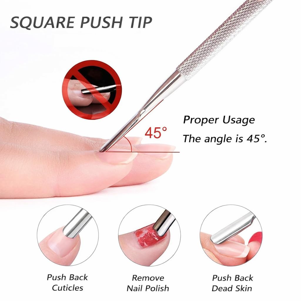 Empujador de Cutículas 2 en 1, Pack de 2, Acero Inoxidable, Punta Triangular y Cuadrada, Manicura y Pedicura