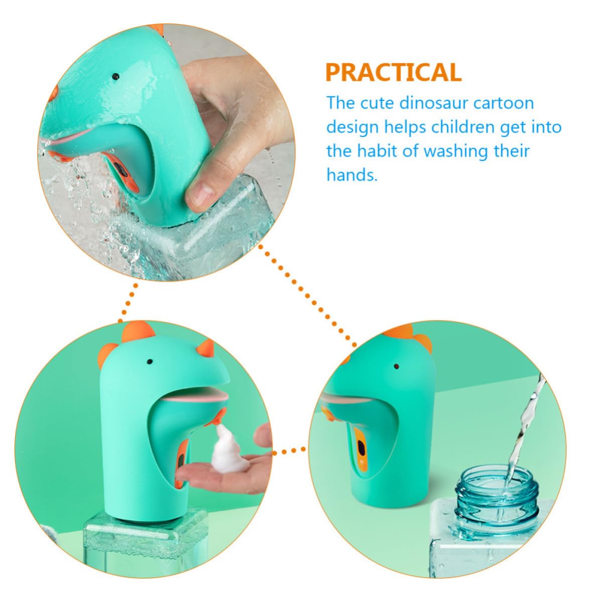 Hemobllo Dispensador de Jabón Doméstico Dispensador de Jabón de Manos Automático Forma de Dinosaurio, Verde, Silicona, Abs y Petg, Antideslizante, Baño y Cocina