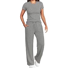 PINSV 2 Piece Lounge Sets for Women Casual Outfits Short Sleeve Tops Wide Leg Pants Tracksuit