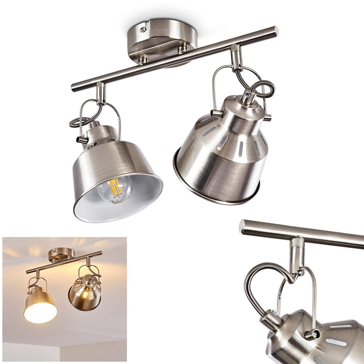 Hofstein Chrome Brushed Ceiling Lamp Safari, Metal Ceiling Lamp In Brushed Steel/White, 2-Flame, With Adjustable Spotlights And Light Effect, 2 X E14 Socket, Retro/Vintage Design Spotlight, Bulbs Not Included
