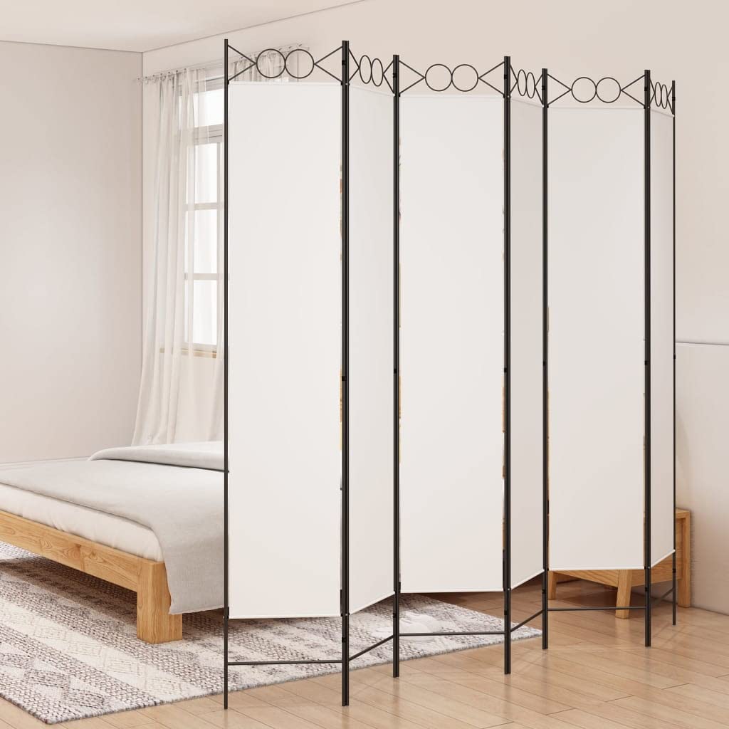 Biombo Plegable de 6 Paneles - Separador de Ambientes y Decoración de Privacidad para Patio - Enrejado Blanco de Tela y Hierro 240x220 cm