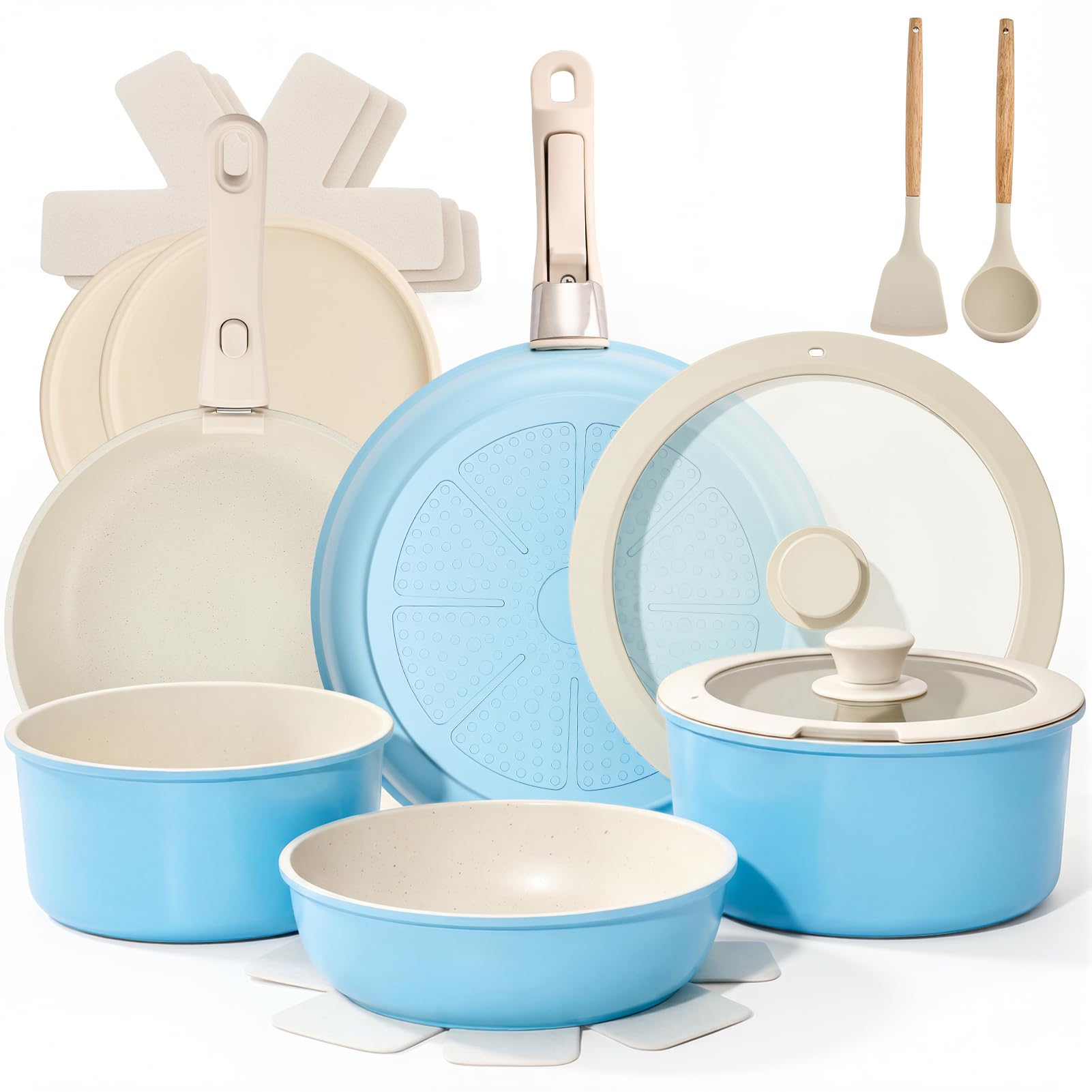 Warmiehomy Set di pentole e padelle antiaderenti da 17 pezzi, con coperchio, manico rimovibile, set di piani cottura a induzione in alluminio, per camper, forno e forno, blu