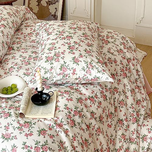 VM VOUGEMARKET Peach Pink Flower Duvet Cover Set Twin Cotton Girl's Blossom Comfoter Cover with Zipper Closure,Cottagecore Bedding Set-68"x86"