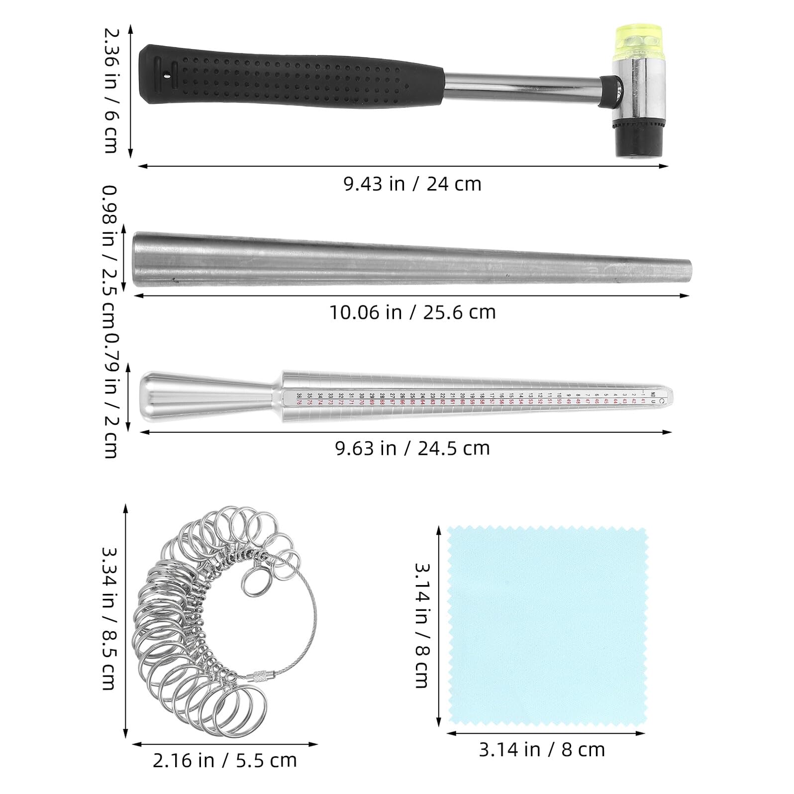 Set Strumenti Misurazione Anelli in Metallo Mandrino Martello e Panno per Pulizia Misuratore di Anelli per Gioiellieri e Hobbisti Strumento Preciso per Misurazione Gioielli e