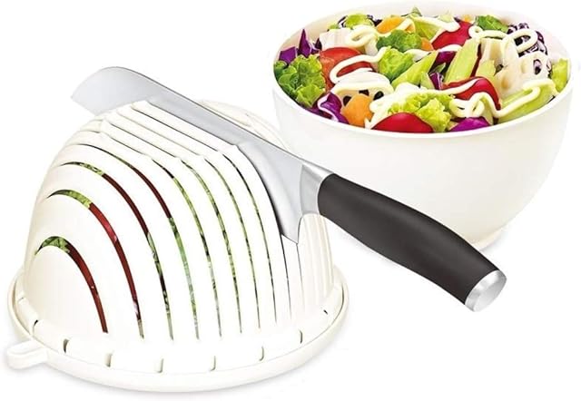 Easy Fruit Vegetable Salad Cutter Bowl, Fantes Multi-Function Kitchen Colander Strainer Storage Holder Rotatable (Small - White)