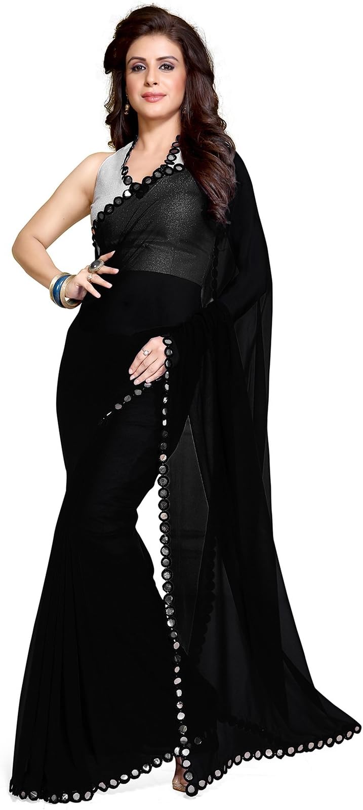 SOURBH Women's Plain Weave Georgette Mirror Lace Work Saree with Blouse Piece