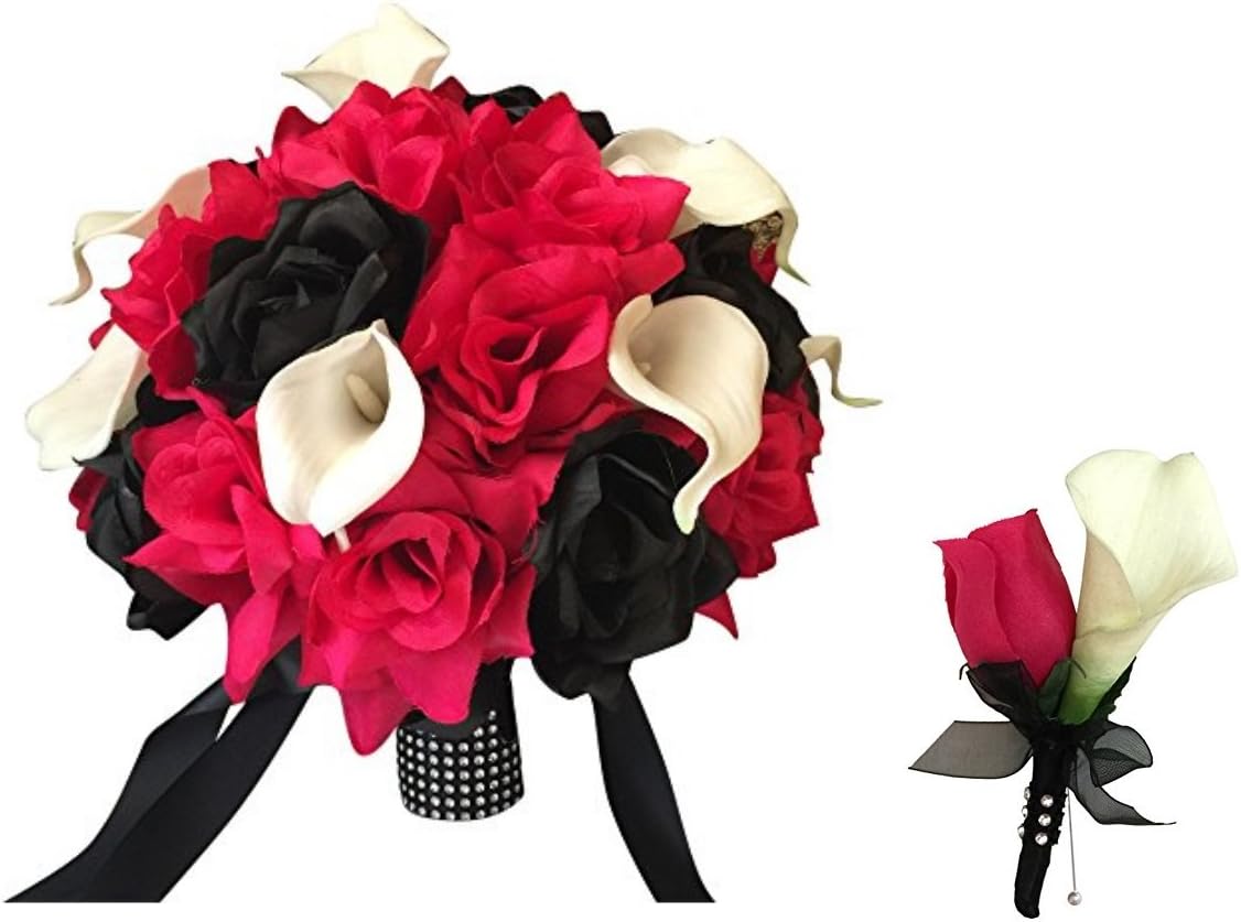 Angel Isabella 2pc Set, Large Bridal Bouquet and Boutonniere-Hot Pink Roses and Black with Real Touch Calla Lily
