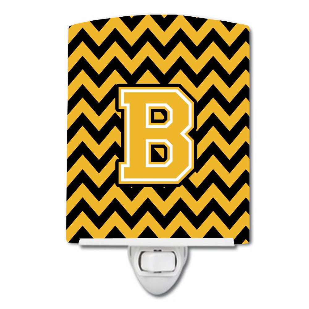 Caroline's Treasures CJ1053-BCNL Letter B Chevron Black and Gold Ceramic Night Light Compact, UL-Certified, Ideal for Bedroom, Bathroom, Nursery, Hallway, Kitchen, 6x4x3, Multicolor