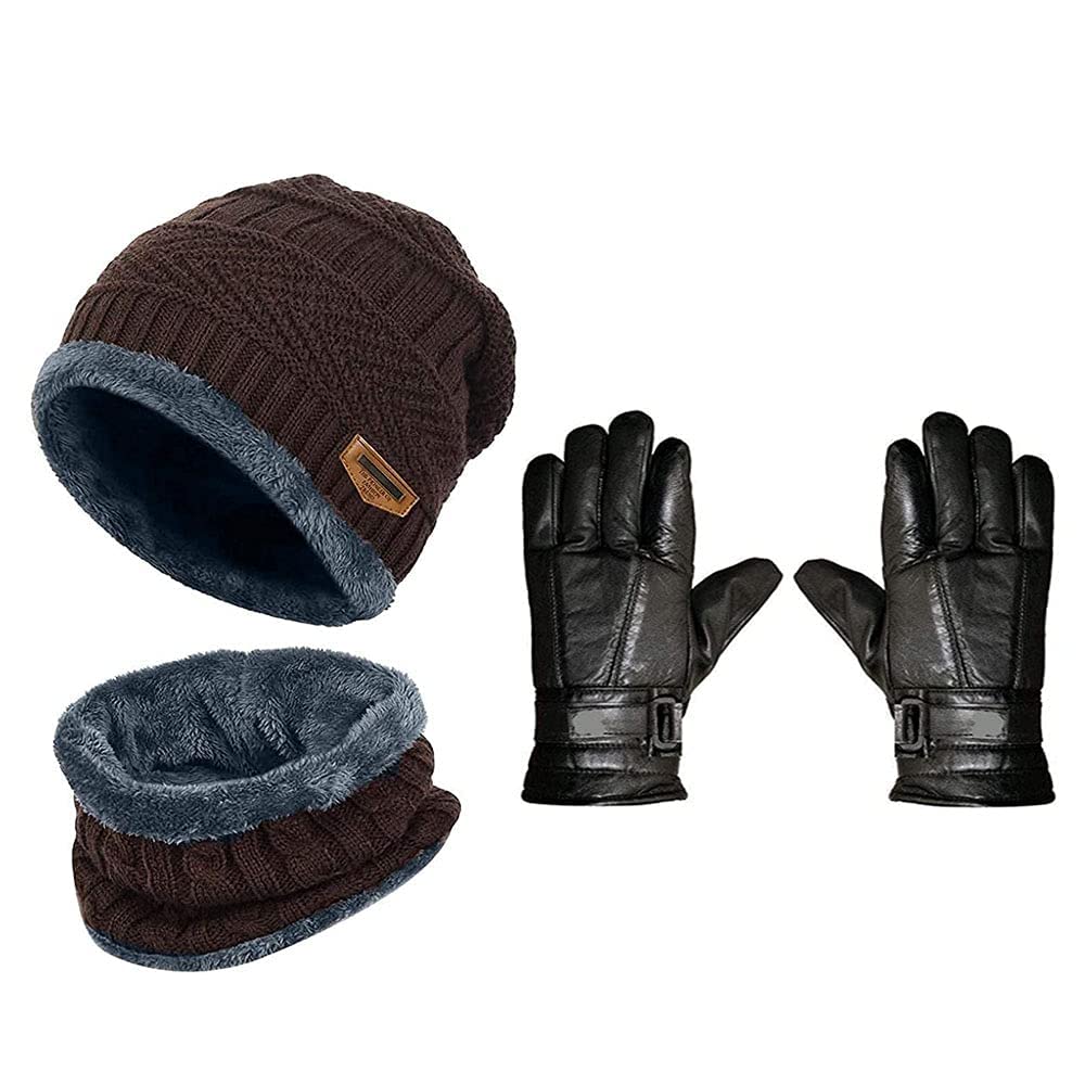 TRUFLAIRWinter Knit Beanie Cap Hat Neck Warmer Scarf and Leather Gloves Set Skull Cap for Men Women/Winter Cap for Men Brown Color Cap(Pack of 2 Set)(Tru-)