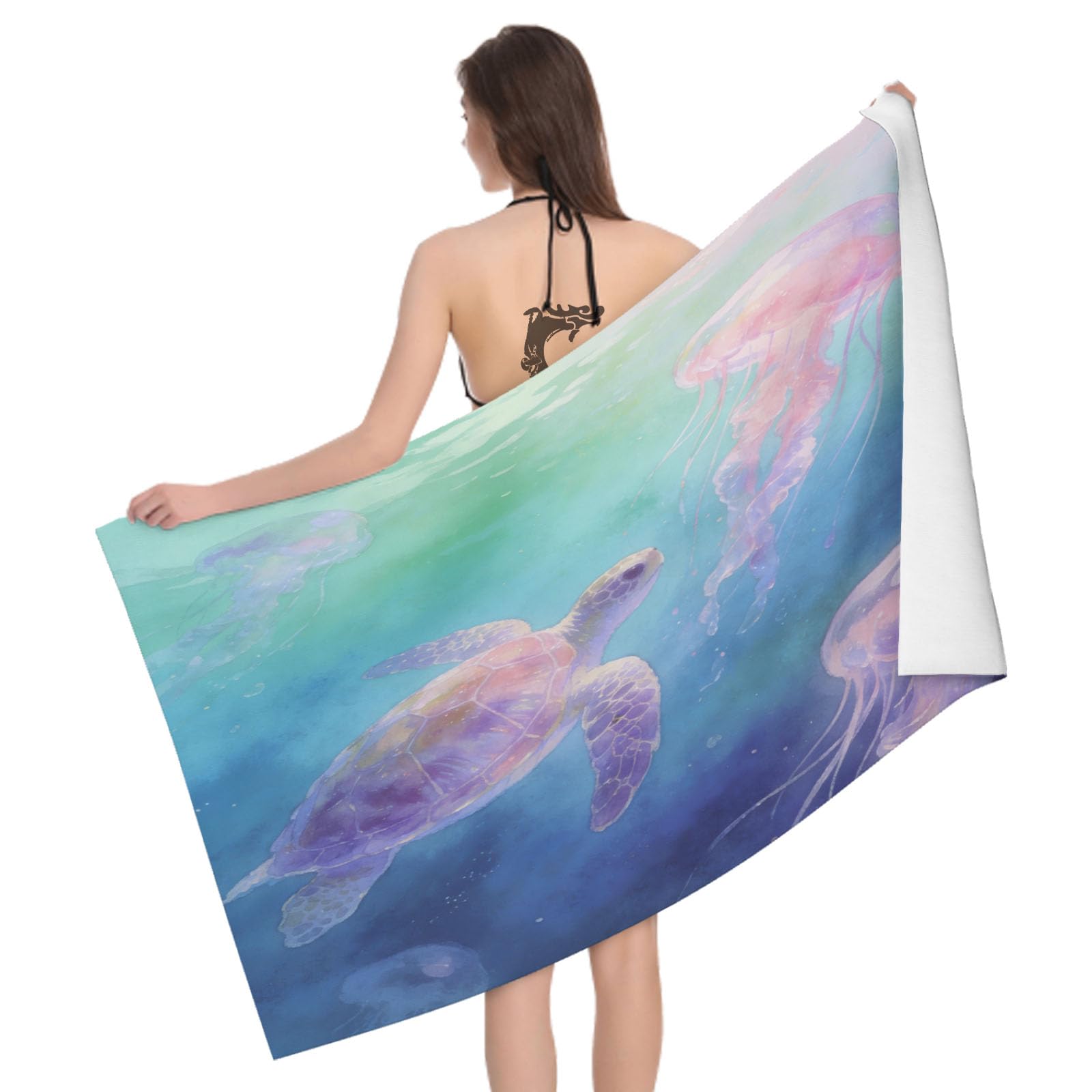 Leichong 3D Sea Turtle Beach Towel Large Microfiber Soft Quick Dry for Adults, Jellyfish Bath Towel Lightweight Soft Absorbent for Travel Swimming Pool Sports, 80 x 160 cm