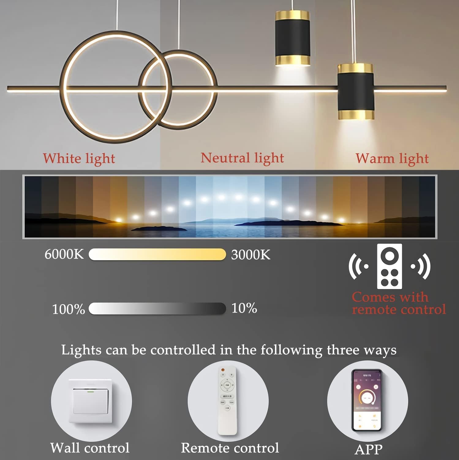Lampy wiszące LED Stół Nowoczesna czarna lampa wisząca Lampa wisząca z regulacją wysokości Możliwość ściemniania za pomocą pilota Lampa wisząca do jadalni Salon Kuchnia Lampy barowe 100 cm (Kolor: