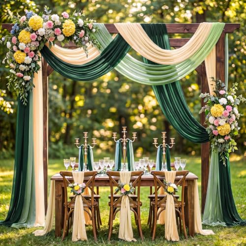 Image of Sage Green Wedding Arch Draping Fabric 3 Panels Drapes 2.46 x 20ft Sheer Chiffon Fabric Backdrop for Wedding Ceremony Birthday Party Bridal Shower Decoration