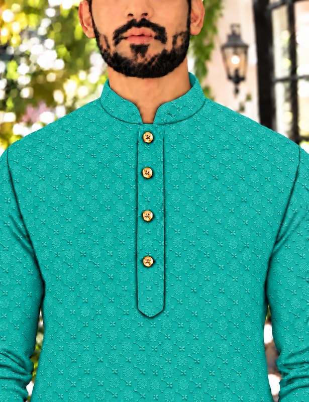 Image of Men's Lakhnawi Chikankari Kurta Set Cotton Ethnic Kurta Pajama for Men Wedding Festive Designer Indian Outfit Stylish Embroidered Kurta Set