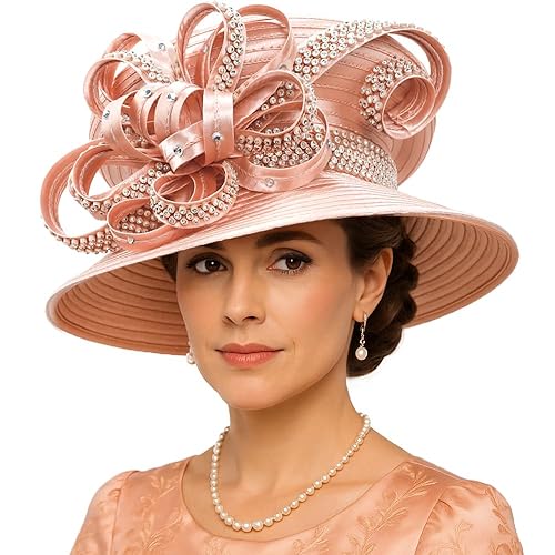 Women Satin Dress Church Derby Hats w/Rhinestones - Elegant Headwear