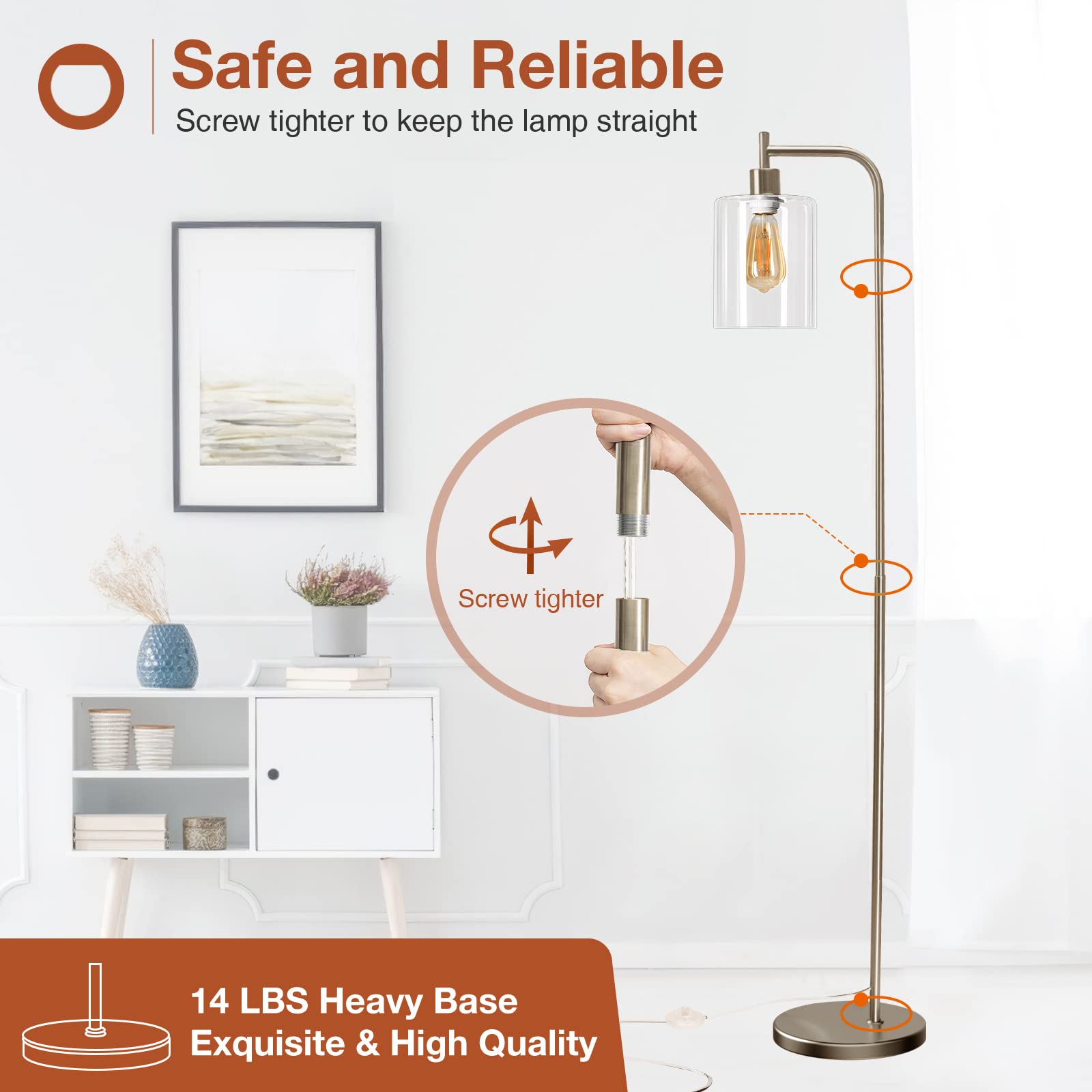addlon LED Floor Lamp, with Hanging Glass Lamp Shade and 2 Distinctive LED Bulbs for Bedroom and Living Room, Modern Standing Industrial Lamp Tall Pole Lamp for Office, Bronze