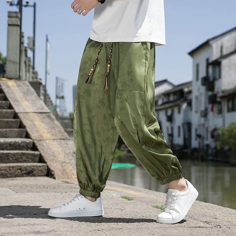 Summer Men's Ice Silk Harem Pants,Vintage Tang Dynasty Loose Trousers with Leaf Print3