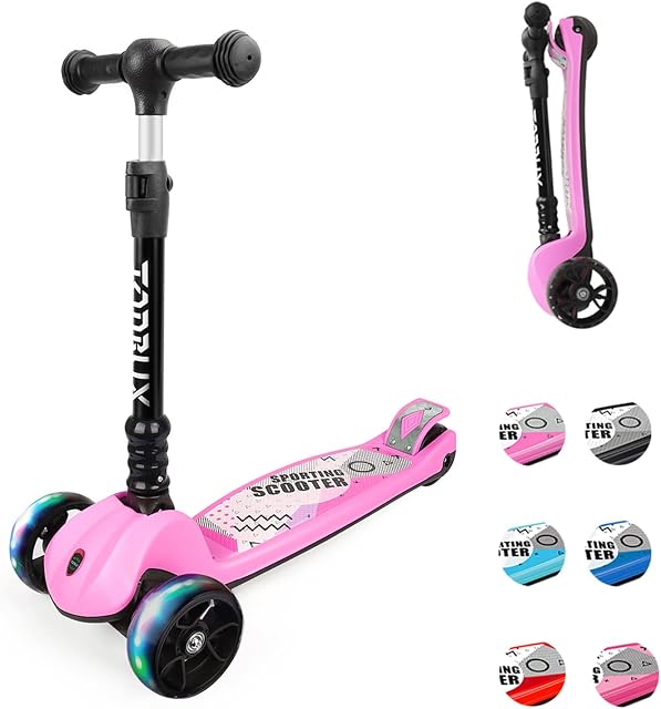 TONBUX 3 wheel Scooter, Kids Scooter age 3-12, Foldable Toddler Kick Scooter with 4 Adjustable Heights, Flashing 3-Wheels and Anti-Slip Deck, for Boys & Girls, up to 110 Lbs