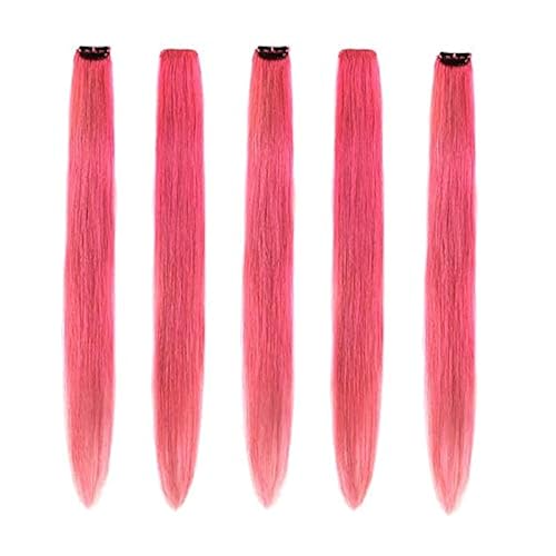 Winsky Extensiones de cabello humano con clip de color rosa para niñas, 5 piezas (18 pulgadas, rosa)
