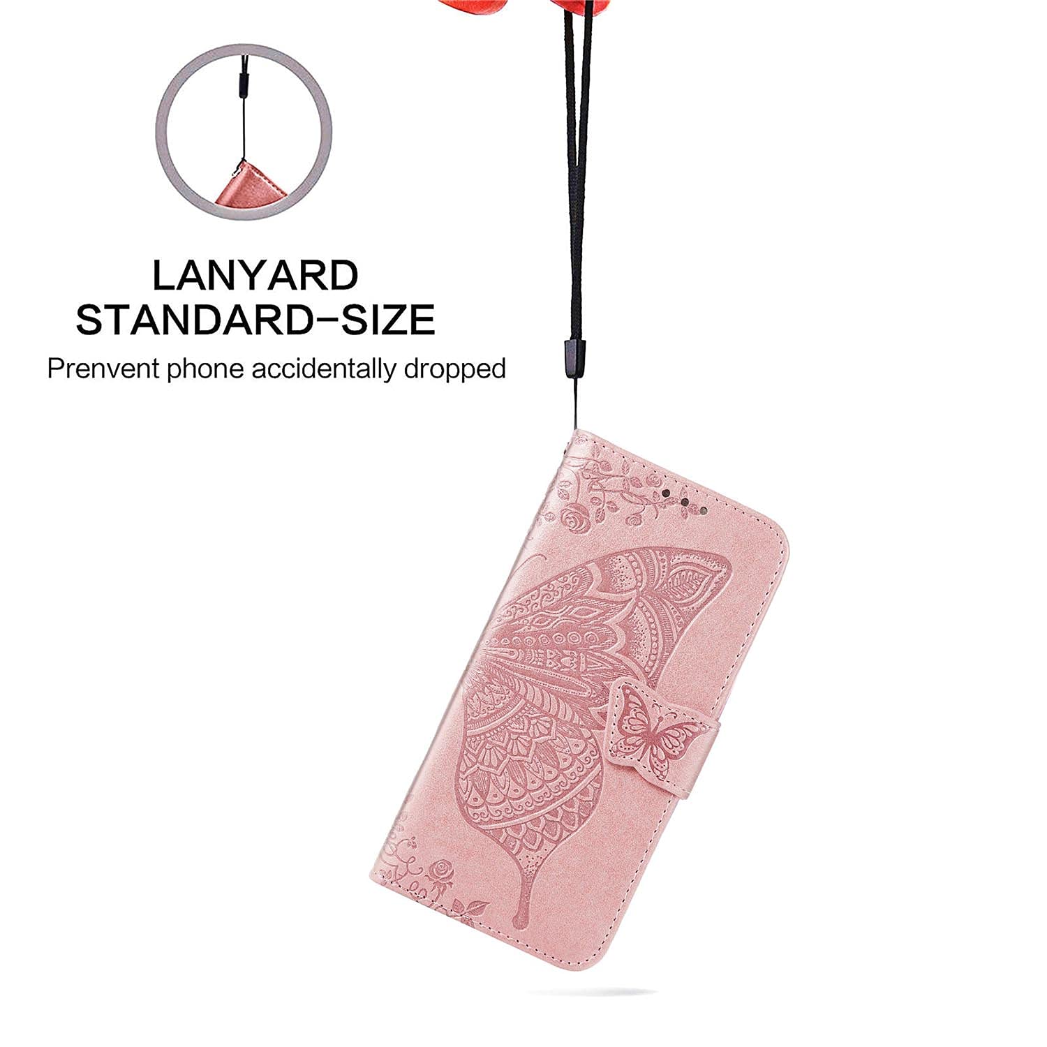 WEIOU Leather Folio Cover per OPPO A16 / A16s / A54s, Goffratura a Farfalla Custodia in Pelle PU Magnetica Libro Flip Portafoglio Case con [Funzione Stand]. Oro Rosa