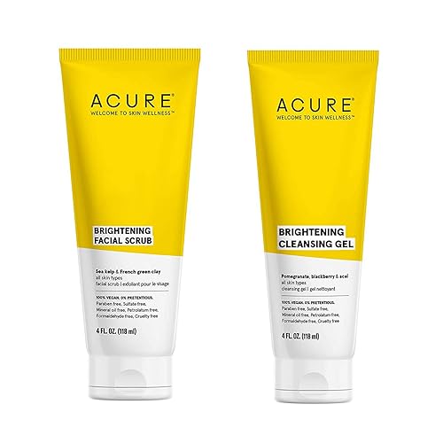 Acure Kit Duo más vendido exfoliante facial y gel limpiador iluminador todo tipo de piel limpia con granada mora y acai exfoliante con algas marinas
