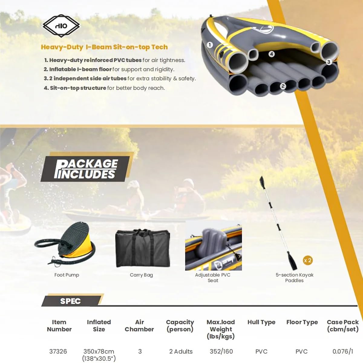 Kayak Hinchable 2 plazas Double Inflatable Kayak, MAX 180kg with Oars and Pump Portable Barca Hinchable Kayak with Inflatable Seats Carrying Bag for Lake River Outdoor