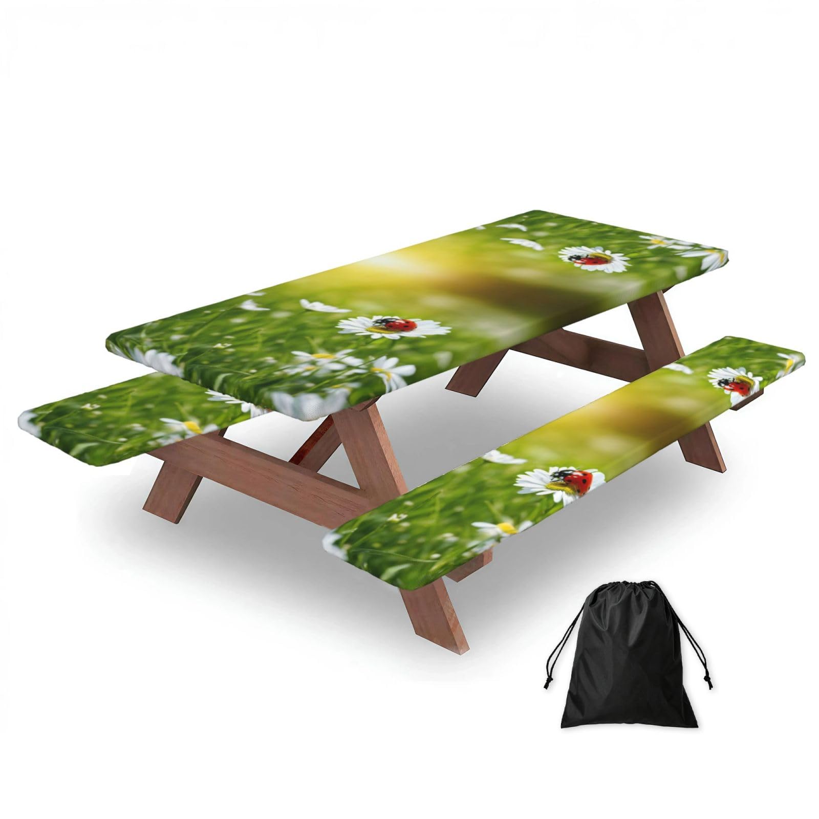 Zyjhyy Black Ladybug Daisy Print 3 Pack Wipeable Picnic Bench Cover And Table Cover Lightweight Table Cloth For Camping Outdoor