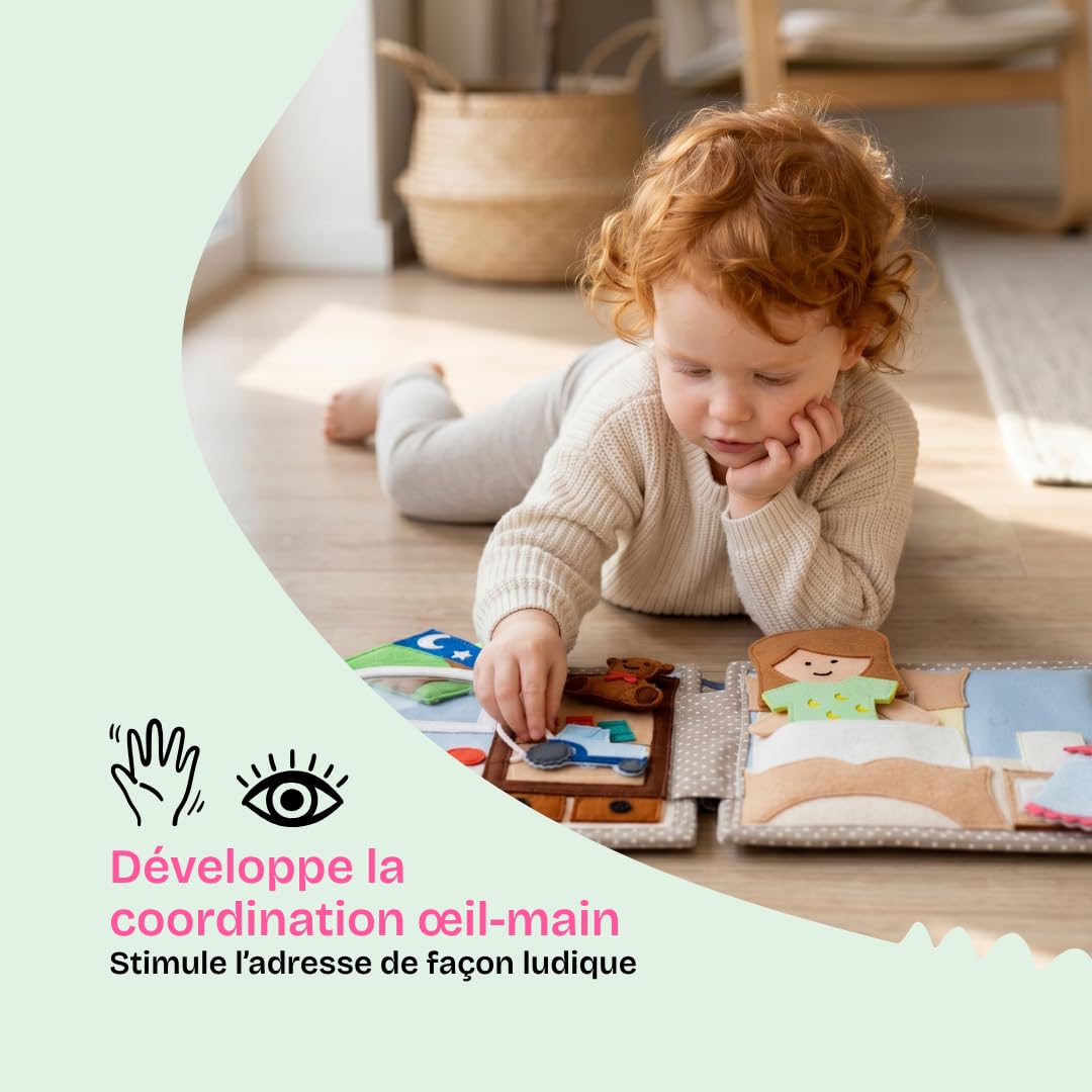 Jolly Designs Quiet Book - Jouet Montessori à partir de 18 mois - Livre sensoriel en tissu pour enfants - Livre Busy Book en feutre fait à la main - Jouet éducatif et jouet de voyage